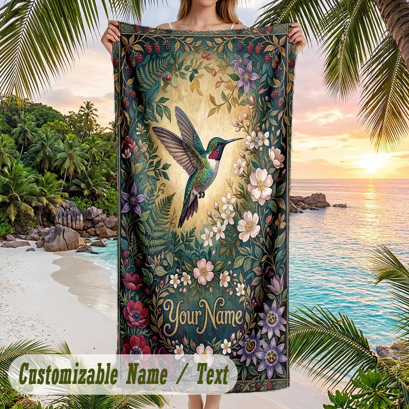 Hummingbird Garden Fantasy 3 Theme Quick Dry Beach Towel Custom Name Text Print Large Sand Resistant Towel Beach Vacation