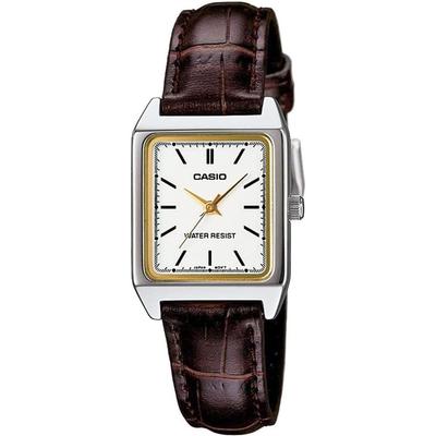 Женские кварцевые часы Casio Standard LTP-V007L-7E2 Белые с коричневым кожаным ремешком
