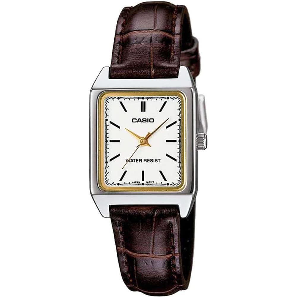 Женские кварцевые часы Casio Standard LTP-V007L-7E2 Белые с коричневым кожаным ремешком