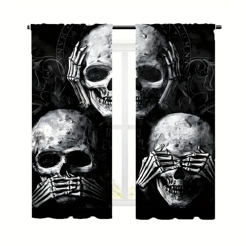 Черные светонепроницаемые шторы с принтом черепов, 2 шт. - дизайн с карманной петлей, подходят для спальни, гостиной, офиса и домашнего декора