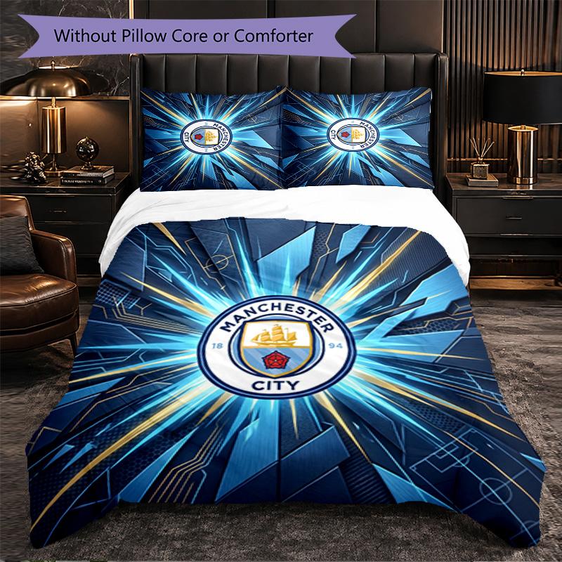 Manchester City Pattern 3 Pieces Bedding Set Soft Microfiber Duvet Cover with Pillow Cases for Bedroom