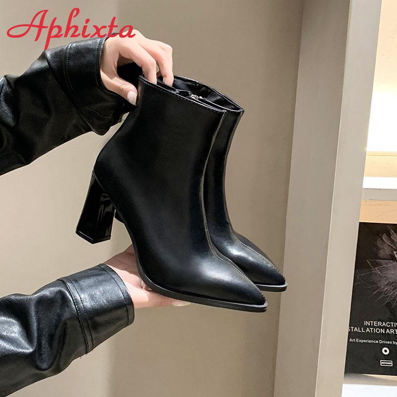 Fashion Aphixta Black Winter Zipper Warm Plush Ankle Boots Women 8.5cm Square Heel Zip Lady Footwear Shoes Super Big Size 44 45 46