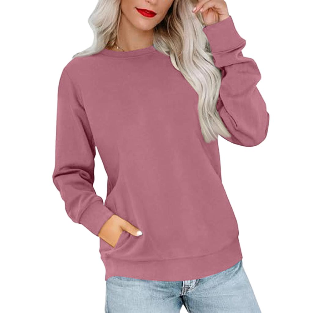 Women's Casual Fashion Solid Color Neck Long Sleeve Sweatshirt Lightweight Pullover With Side Pockets Warm Sweatshirt