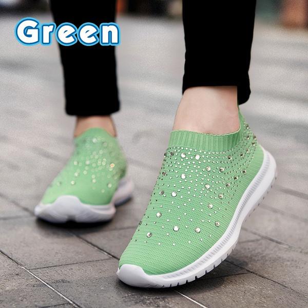 Fashionable Women's Lightweight Breathable Mesh Elastic Casual Shoes Striped Rainbow Rhinestone Shoes
