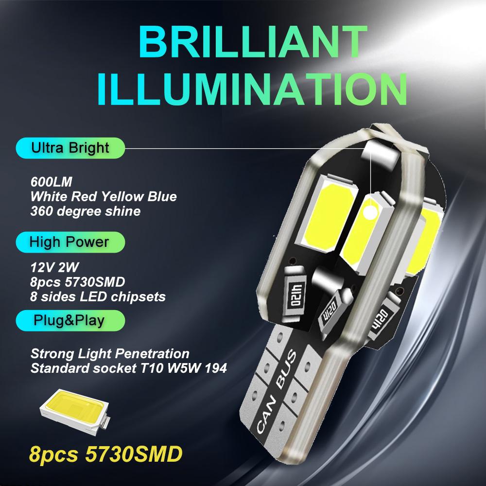 10/20/50/100 ШТ. Светодиодные лампы W5W T10 Canbus 5730 8SMD 12V 194 168 Светодиодные лампы для карты салона, купольные огни, габаритные огни, сигнальные лампы для автомобиля