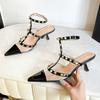 Original Brand Designer Metal Rivet Decoration High Heels Women Sexy Pointed Toe Patent Leather Ankle Strap Thin Heeled Sandals
