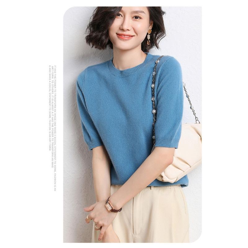 Женский свитер с круглым вырезом, шерстяной свитер с короткими рукавами, однотонный, для поездок на работу, простой, повседневный, трикотажный низ рубашки, теплый, удобный, на осень