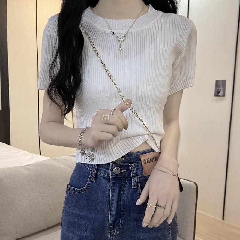 Women's Summer 2025 Stylish Ice Silk Slim Knit Short-Sleeve T-Shirt