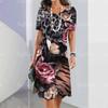 Women's Fashion Dress Round Neck Short Sleeve Elegant Knee Length Dress Flower Print Dress Summer Casual PartyFit Dress