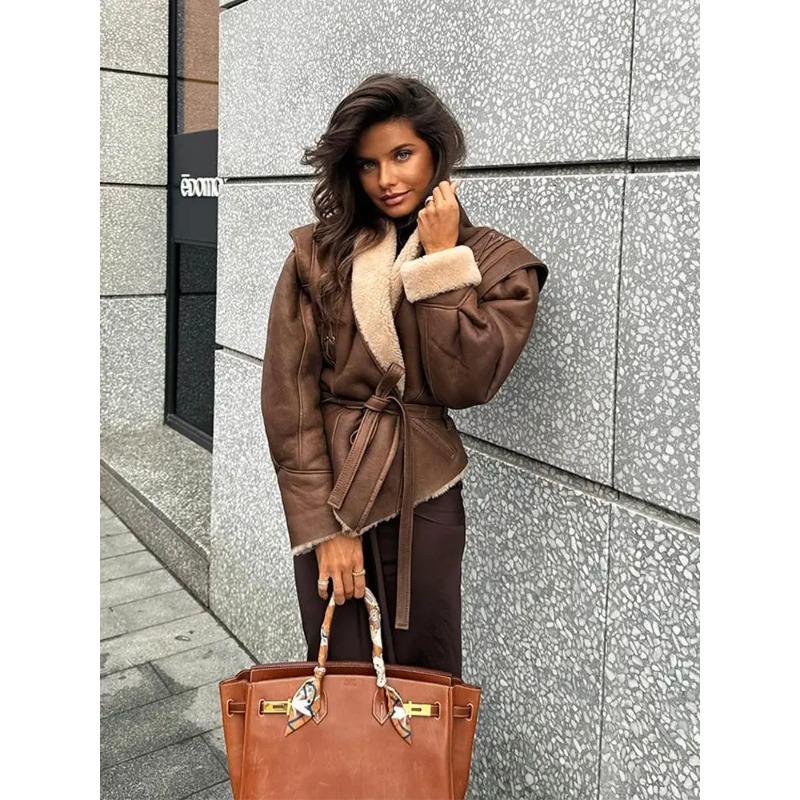 Женские элегантные пальто с неровным подолом и лацканами, модная куртка с карманами на шнуровке и длинными рукавами, осень-зима 2024, новая теплая верхняя одежда