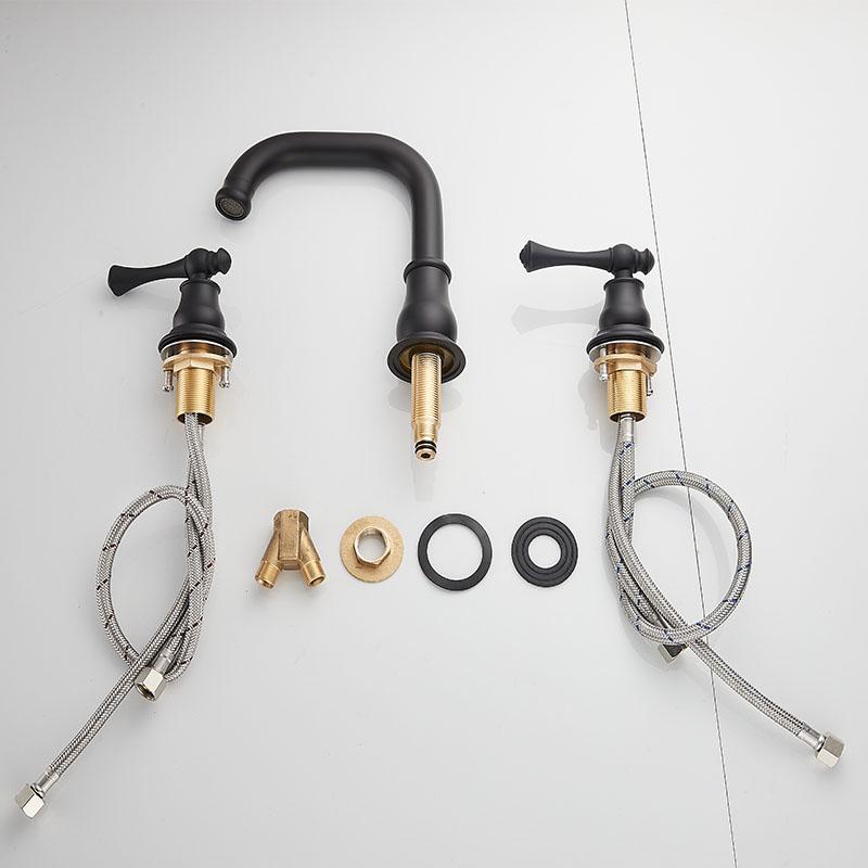 BAKALA 8-дюймовый широко распространенный смеситель для раковины в ванной комнате с 2 ручками, латунный смеситель для туалетного столика с 3 отверстиями и линиями подачи холодной и горячей воды, матовый черный