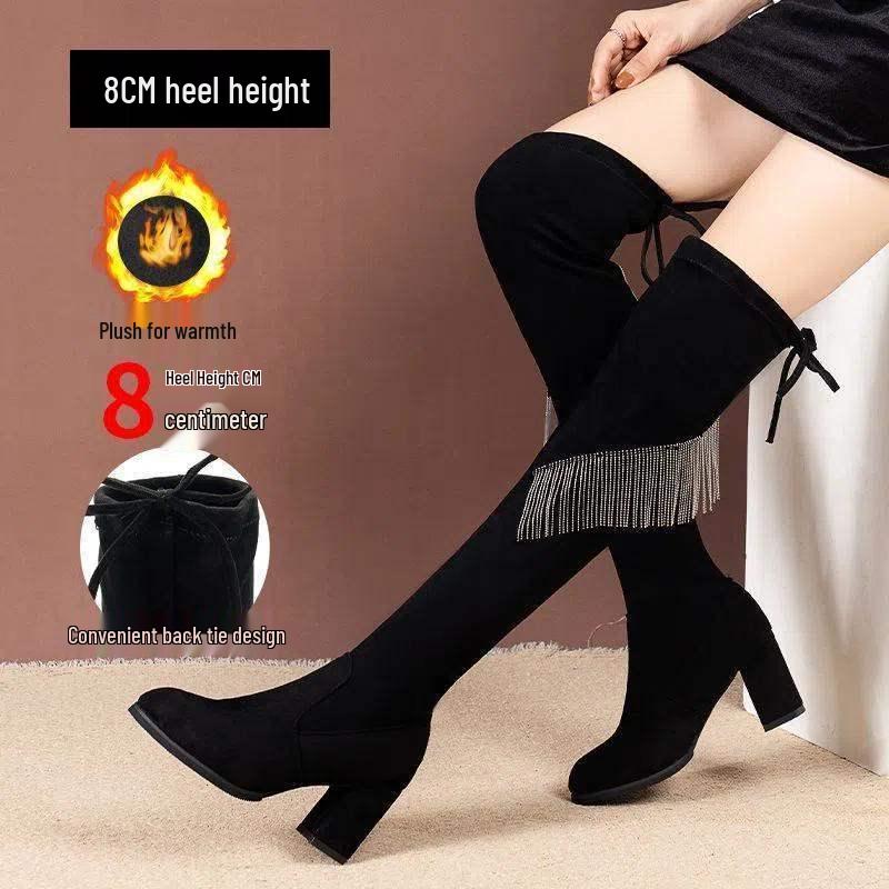 Женские замшевые ботфорты с кисточками из страз - Осень 2025 Облегающие ботинки на толстом каблуке с высоким голенищем