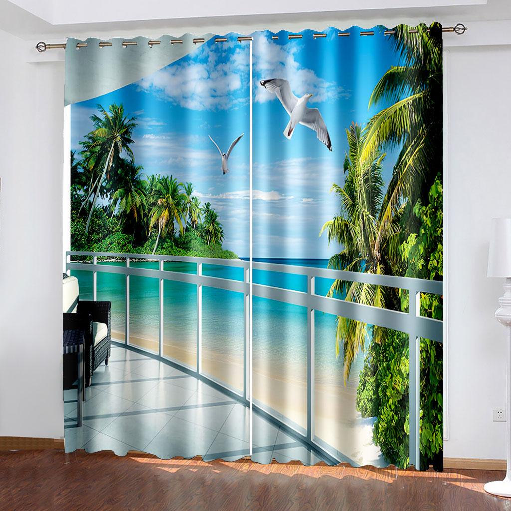2 шт., пляжный пейзаж, простые карманные шторы с карманами, фильтрующие свет, подходят для гостиной, офиса, дома, украшения спальни