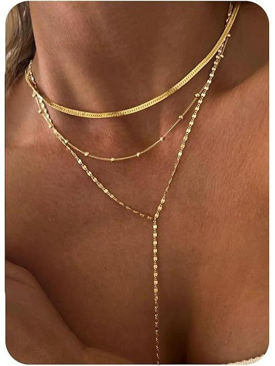 Женский многослойный чокер-ожерелье с золотым покрытием - Набор из 3 минималистичных цепочек кубинского плетения и скрепки