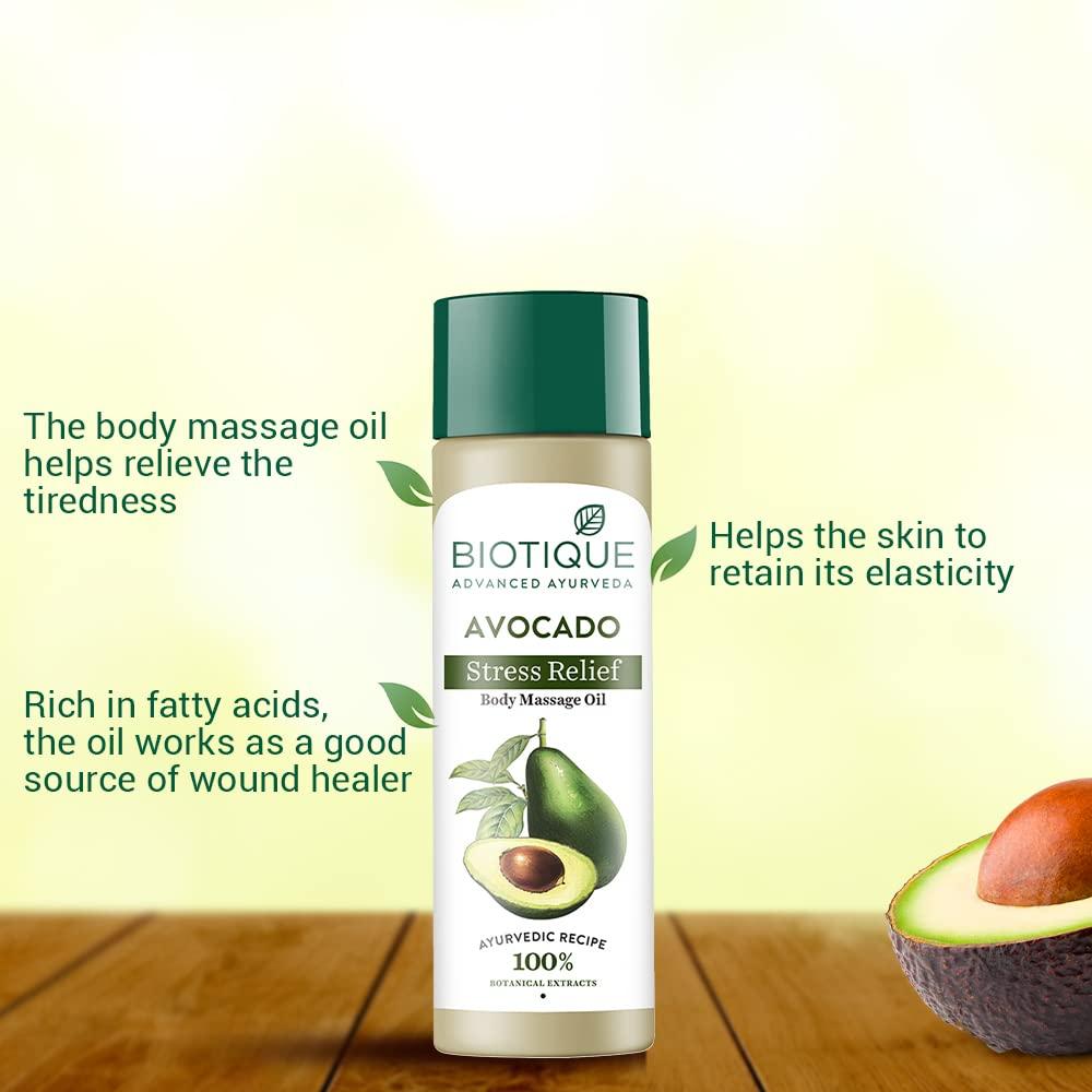 Biotique Avocado Stress Relief Body Massage Oil 200ml | Hydrates Dry Skin | 100% Natural Botanical Extracts | For All Skin Types