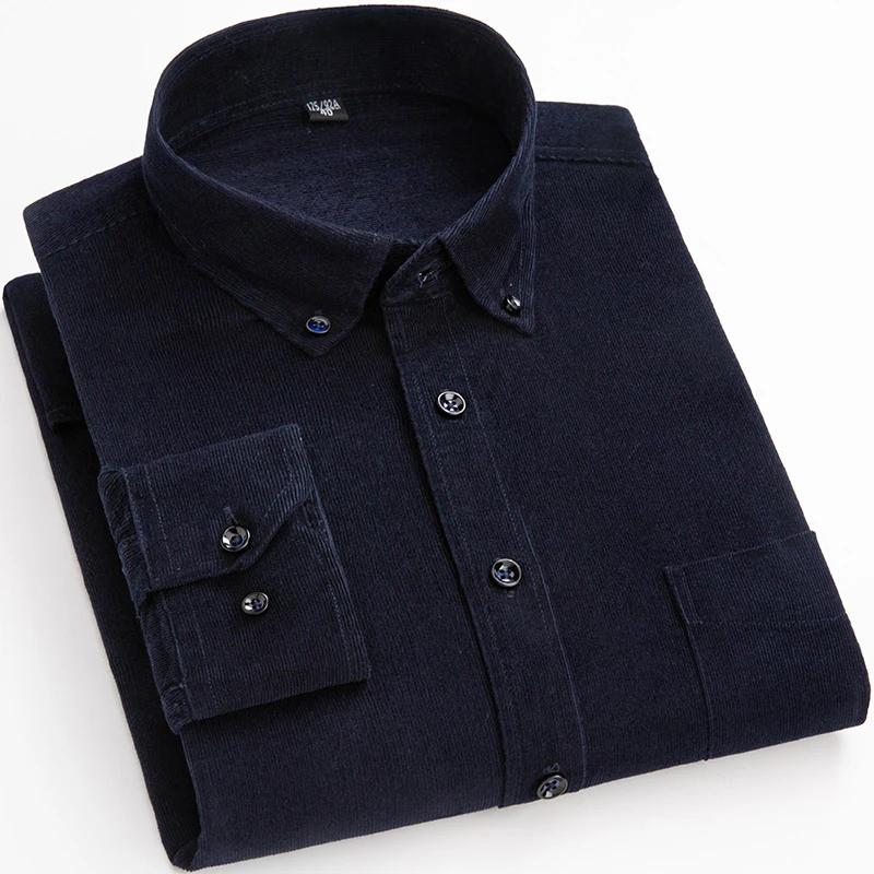 2025 Cotton Corduroy Casual Warm Solid Shirt Long Sleeve Winter Regular Fit Mens Men's Shirts with Pokets
