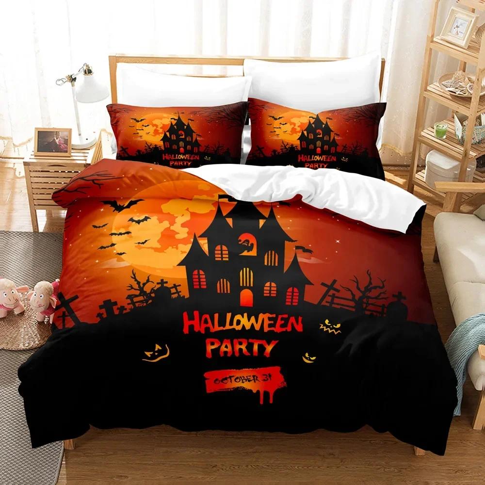 Halloween Cartoon Pumpkin Lantern Castle Bat Comfortable Duvet Quilt Cover Pillowcase Bedding Set Children Bedroom Decoration