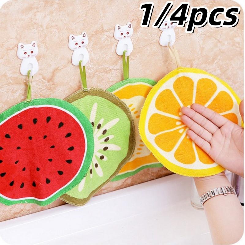 1/4Pc Hangable Fruit Pattern Dish Cloth Kitchen Wipe Hand Towel Microfiber Quick-Dry Water Absorbent Cleaning Rag Household Tool