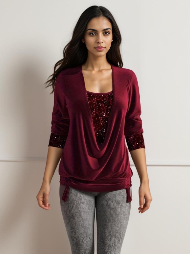 "2024 Autumn Sequined Long-Sleeve Women's Top with Drop Collar and Loose Pleated Design"
