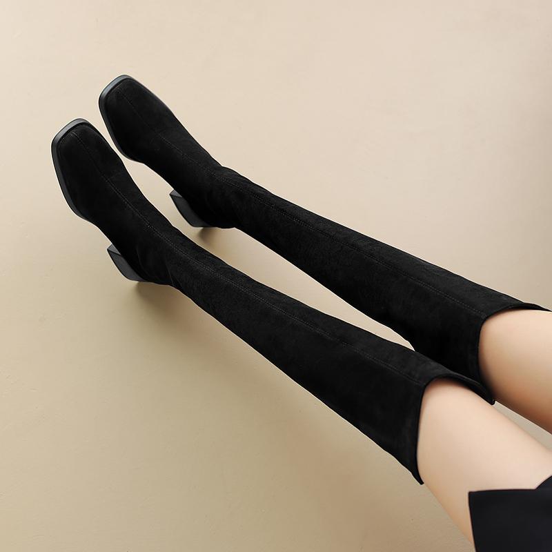 Женские сапоги на высоком каблуке осень и зима новые сапоги на толстом каблуке большого размера эластичные до колена