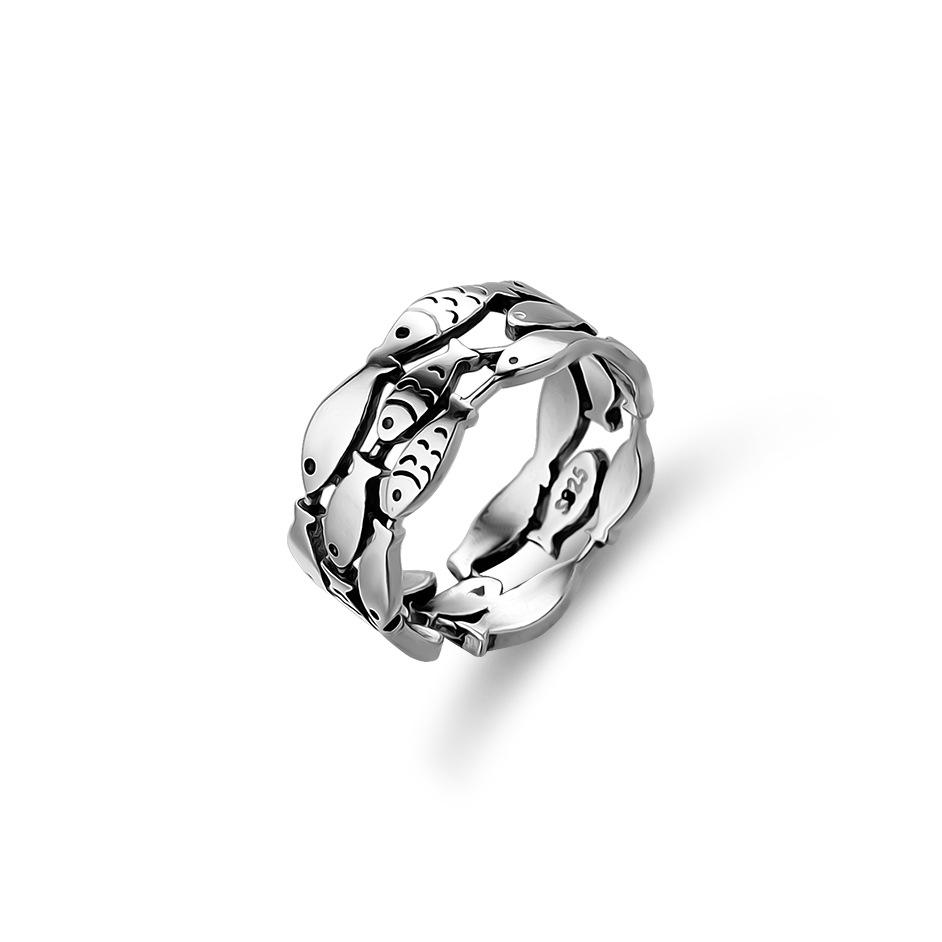 S925 Silver Vintage Smiley Face Open Ring Adjustable Women Jewelry