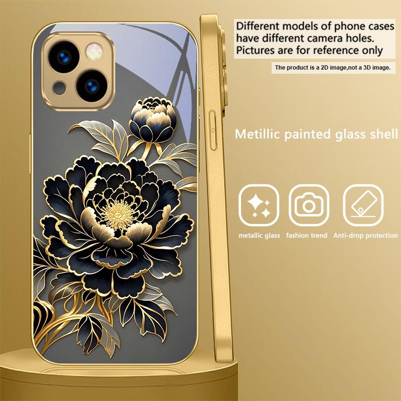 Черно-золотой цветок пиона для iPhone 17 Pro Max 16 17 Pro 15 Pro 14 13 Plus 12 Mini 11 Pro Max XR 16E 17 Air Золотой стеклянный чехол для телефона