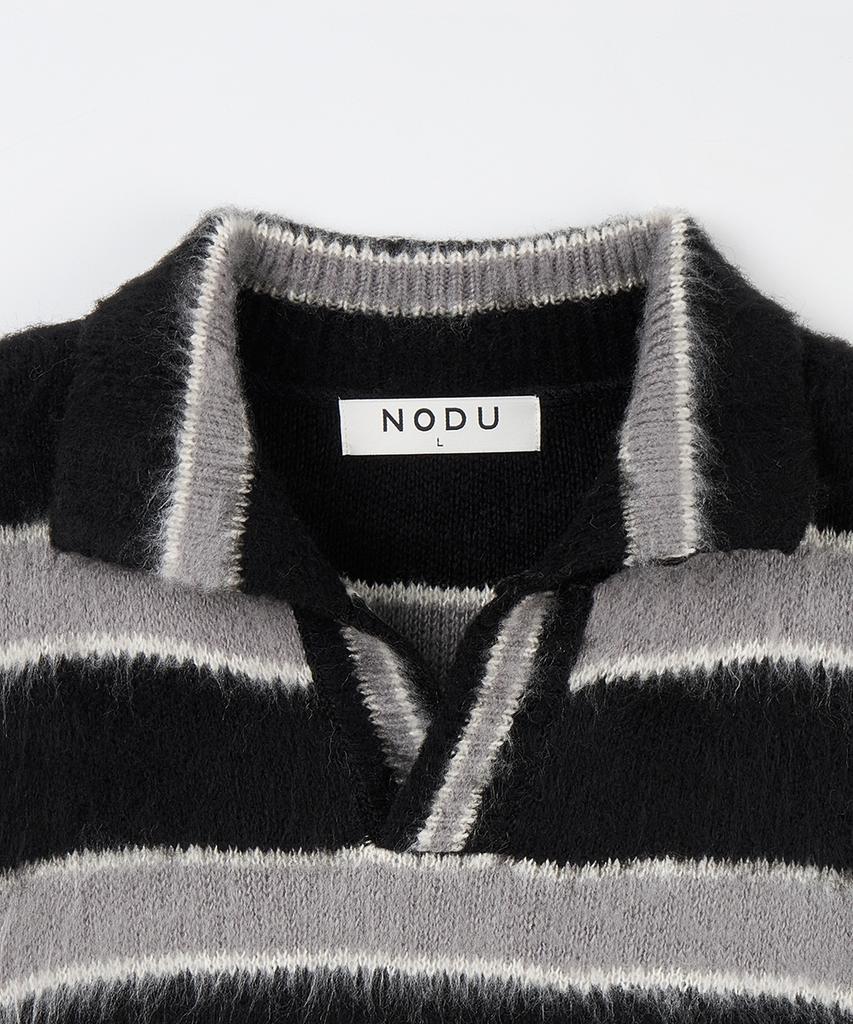 NODU Open Collar Striped Brush Knit [Black]