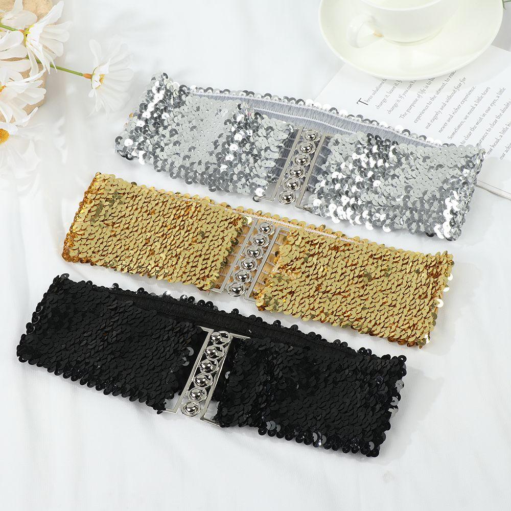 Cinch Sequin Wide Elastic Belt Belly Waist Band Metal Buckle Waistband Ladies Dress Cummerbands