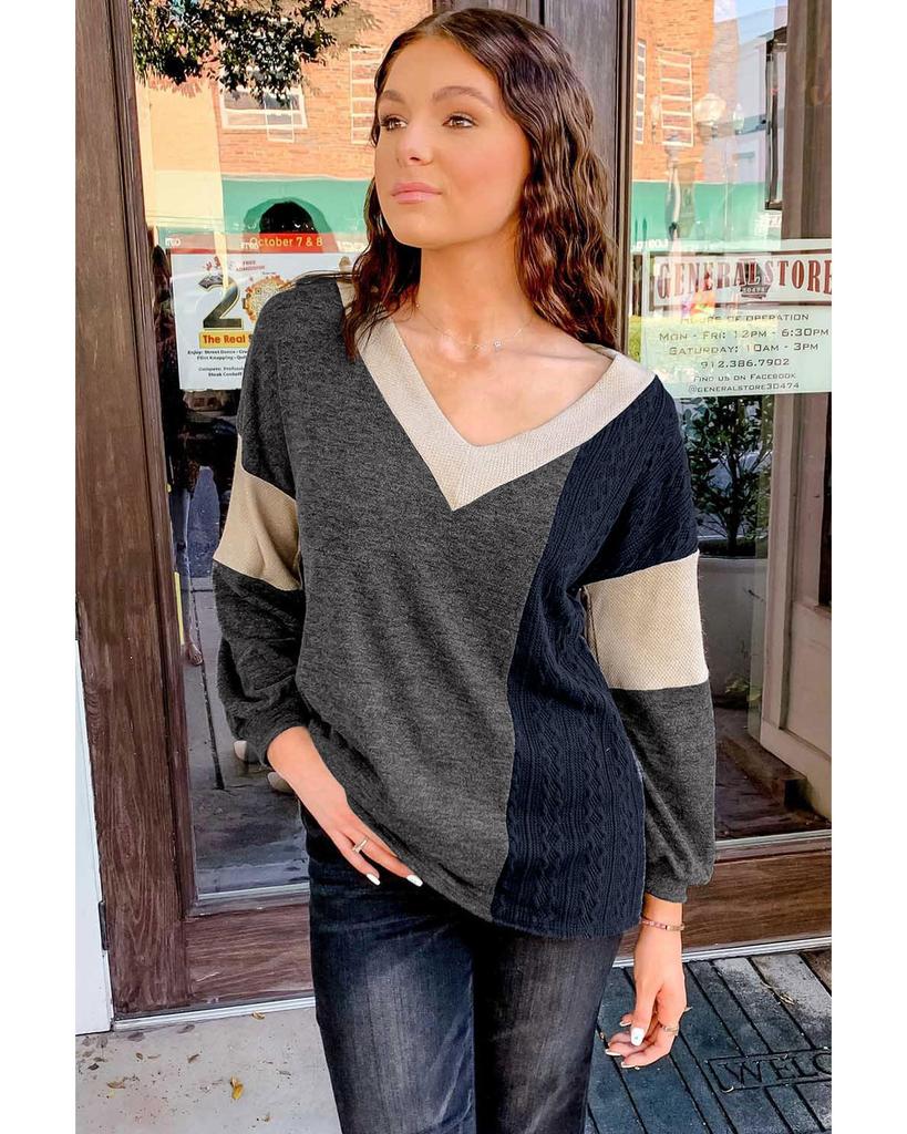 Azura Exchange Черный матовый контрастный трикотажный топ с V-образным вырезом, колор-блок, длинный рукав