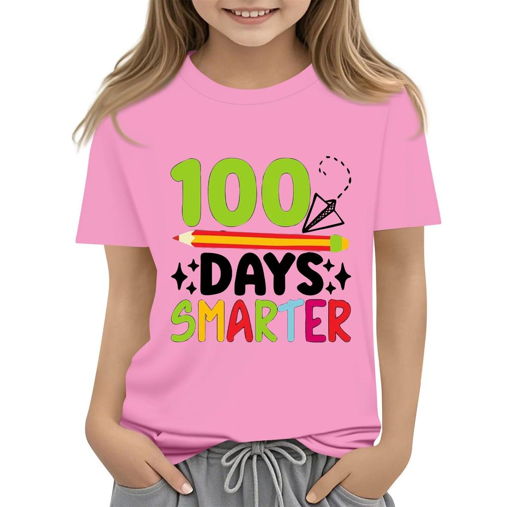 Happy 100th Day Of School Girls Boys Short Sleeve T Shirts Kids Tops Crewneck Tees