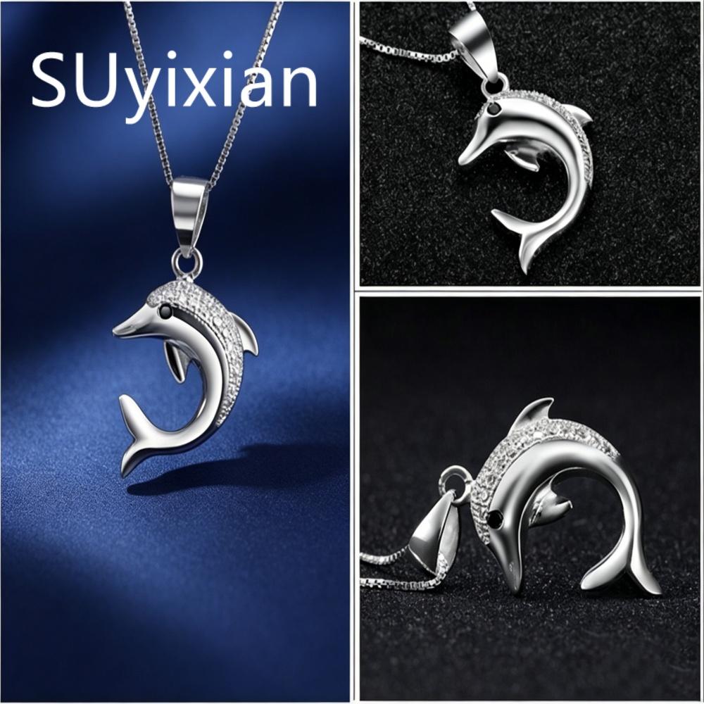 925 Sterling Silver Temperament Cute Dolphin Zircon Pendant Necklace, Birthday Party Anniversary Gift, Ladies Jewelry