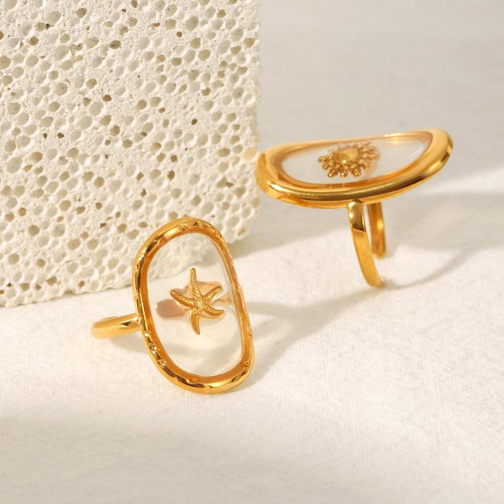 European-American Luxury Open Ring: 18k Gold-Plated Stainless Steel with Epoxy Sun Design for Women