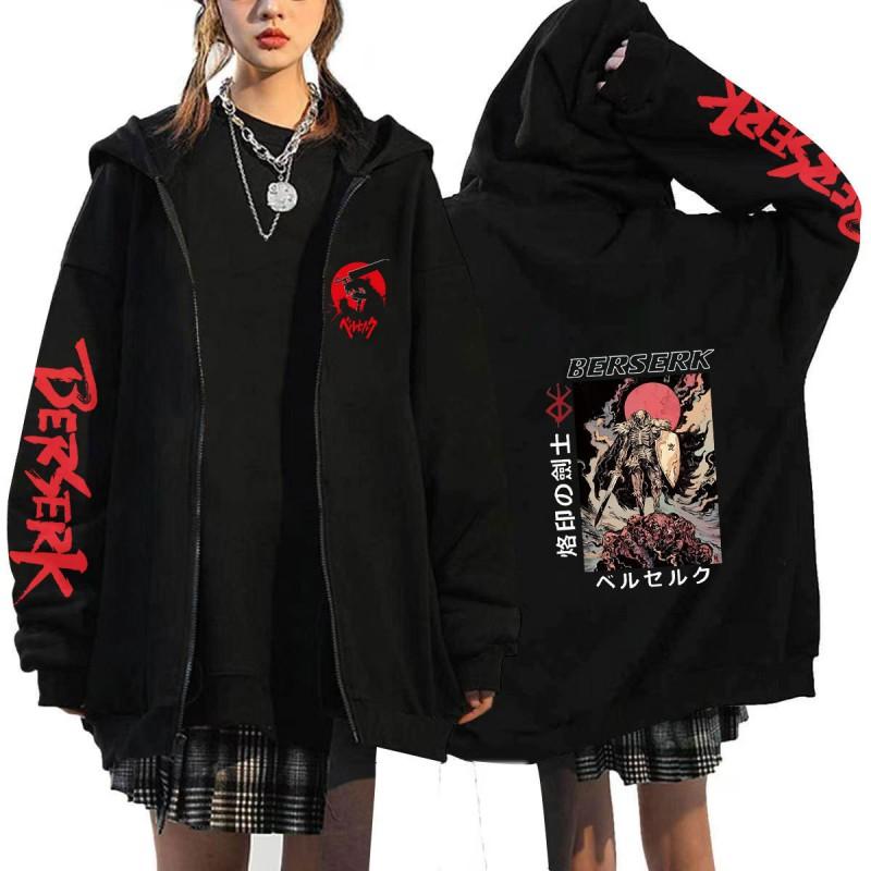 Худи на молнии с капюшоном из аниме Berserk для мужчин, оверсайз, с флисовой подкладкой, с кулиской, капюшоном, боковыми карманами