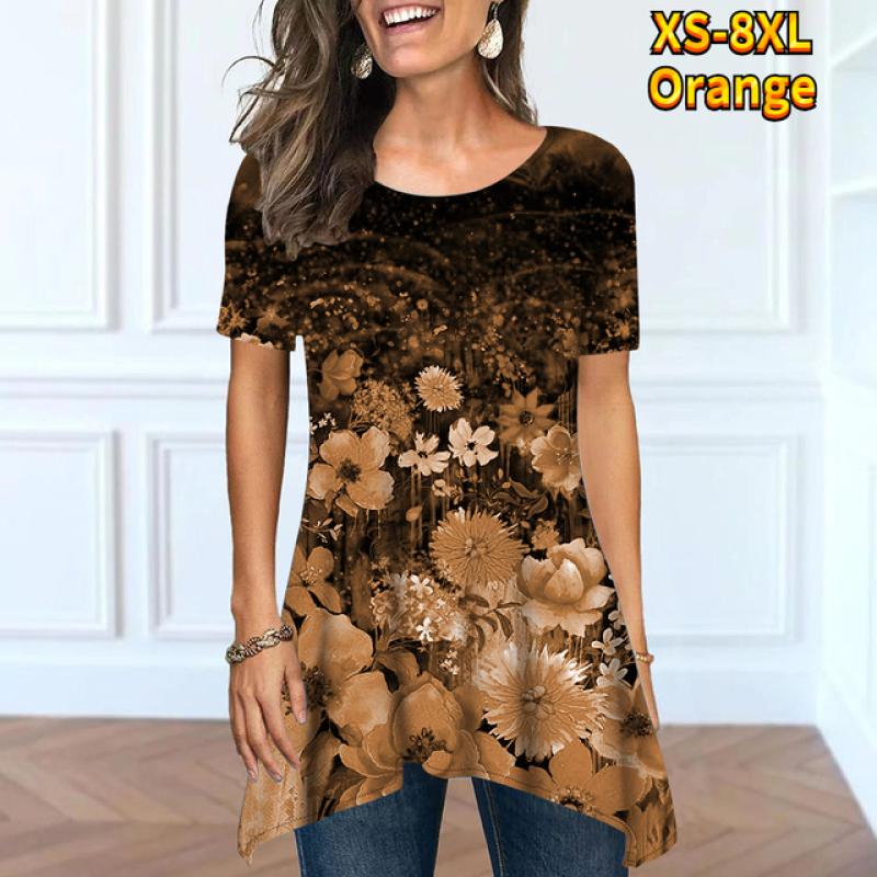 Летняя женская модная и удобная уличная одежда. Базовая повседневная одежда с короткими рукавами и круглым вырезом под открытым свободным топом XS-8XL.