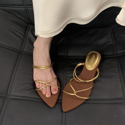 Темпераментные туфли-шлепанцы с открытым носком и острым мыском, женская летняя обувь, новые двусторонние сандалии на низком каблуке