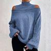 Women Fall Winter Sweater Off Shoulder Long Sleeve Half-high Collar Hollow Out Solid Color Loose Knitted Pullover Elastic Soft Warm Lady Top