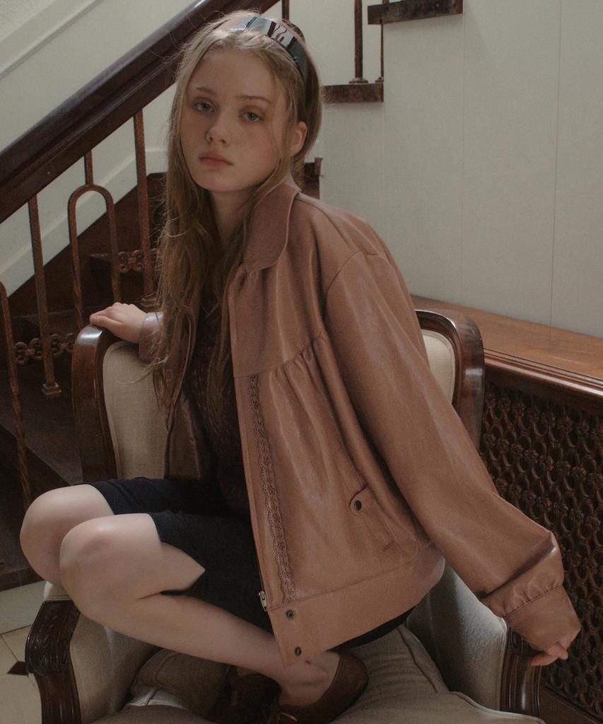 OURNOSTALGIA Annette Shirring Leather Jacket_Dusty Pink(Ob6Ot06)