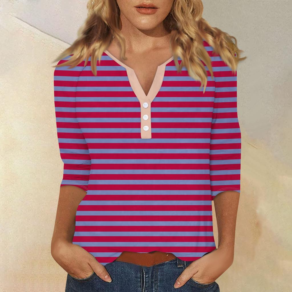 Жен. Футболка Футболка С принтом Пуговицы Рукав 3/4 Повседневные Выходные Мода Классический Классический V-образный вырез Обычный Верх