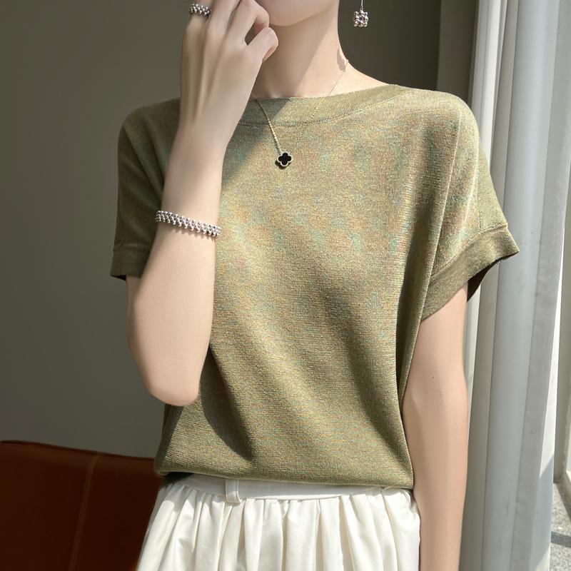 Women Knit T-shirt MODERN NEW SAGA Summer Knitted Shirt Short Sleeve Tees Slash Neck Pullover Knit Tops