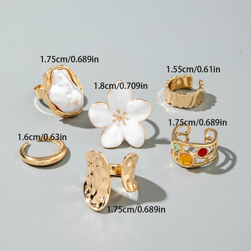 Vintage Elegant Baroque Pearl Combination Ring Set, Six Piece Metal Lava Flower Ring Set, Women's Jewelry
