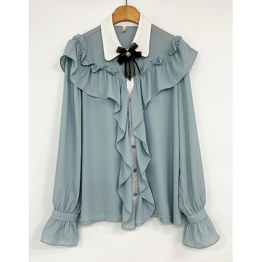 Женский топ, винтажные шифоновые топы с оборками, галстуком-бабочкой и оборками, базовая элегантная рабочая однобортная синяя рубашка, женская одежда