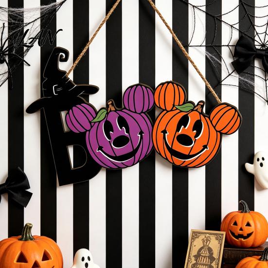 Rustic Wooden Hanging Decor Halloween Boo Wood Door Sign, Mouse Shaped Hanger Wreath, Cute Pumpkin Wall Plaque for Front Door, Yard, Porch,