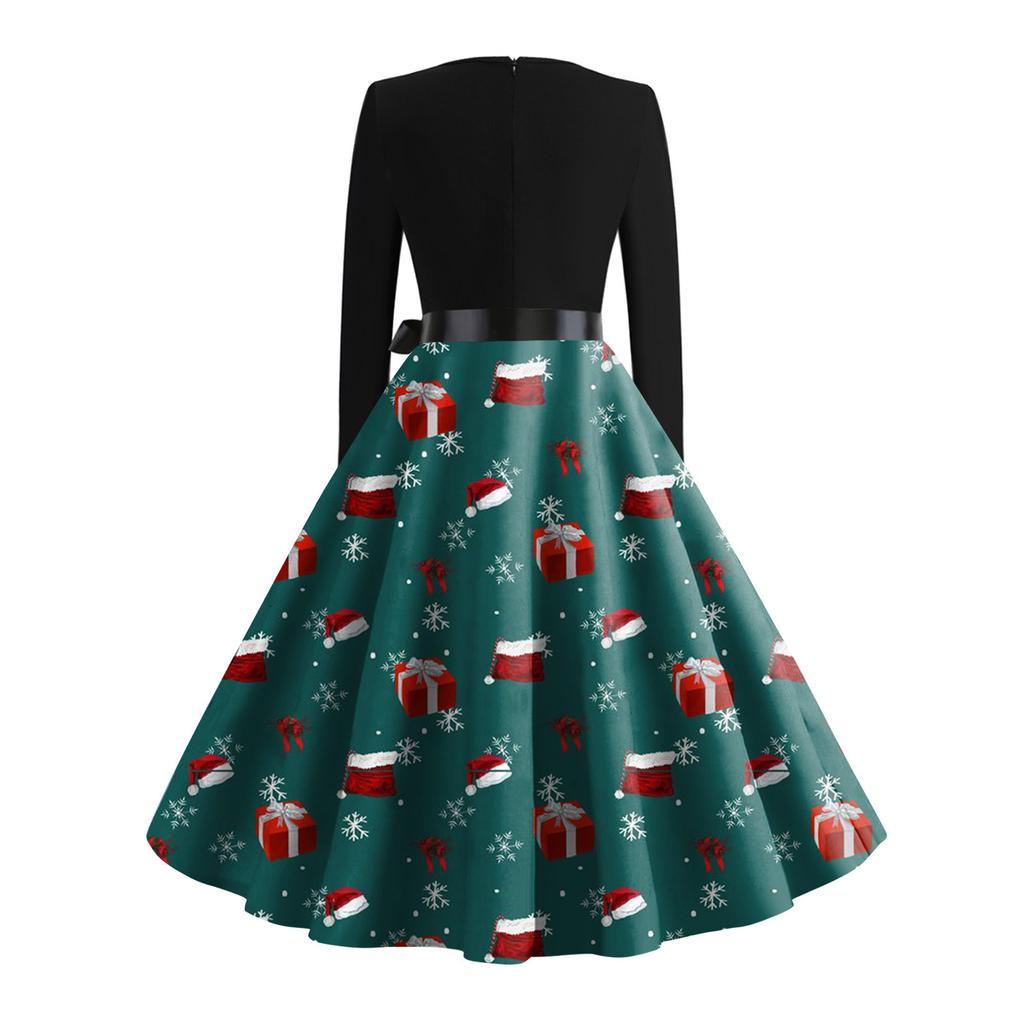 Женское рождественское платье с расклешенным принтом и длинным рукавом с круглым вырезом, вечерние повседневные платья