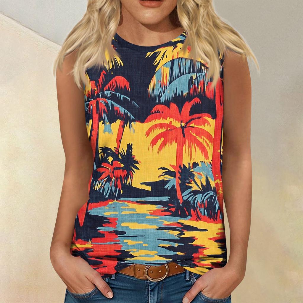 Женская мода, летняя майка с круглым вырезом, легкая майка без рукавов с принтом