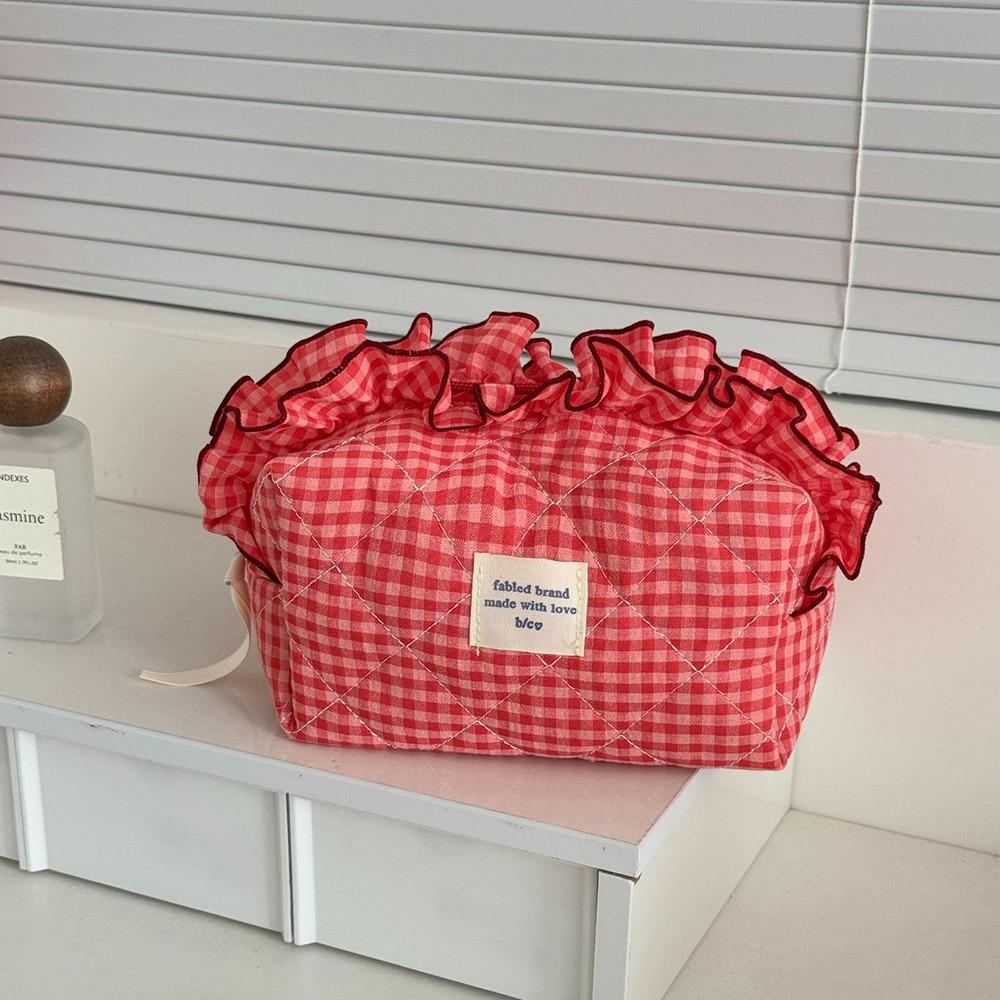 with Zipper Cosmetic Cases Plaid Pattern Toiletry Organizer Sweet Ruffle Makeup Bag Girl
