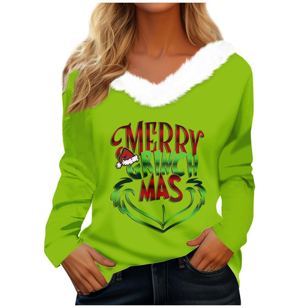 Женская футболка, рождественская рубашка с длинным рукавом, вечерние, рождественский флисовый воротник, топ с v-образным вырезом