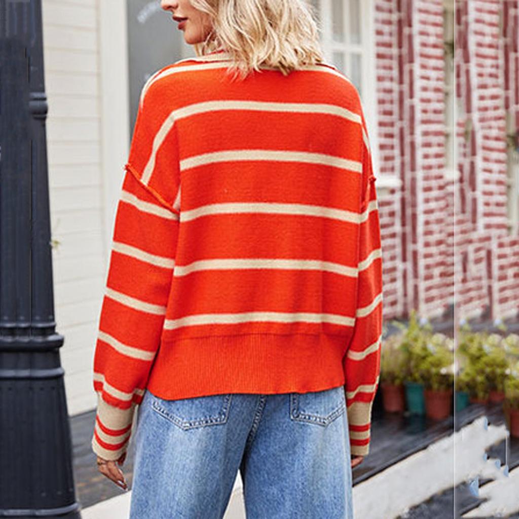 Женский свитер Модный пэчворк Полосатый лацкан Мешковатый свитер большого размера с длинными рукавами