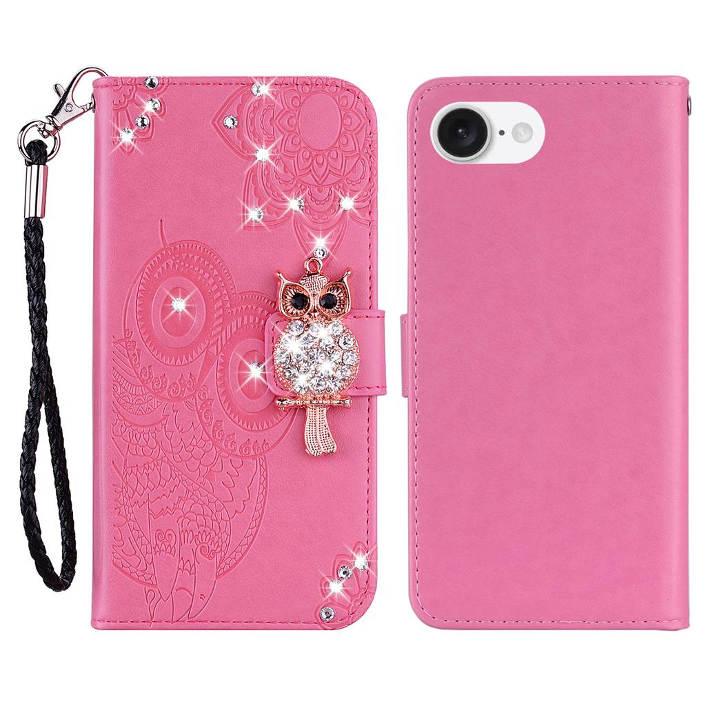 For iPhone 16e Wallet Case Owl Flower Imprinted Rhinestone Leather Cover