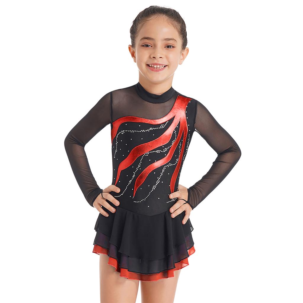 Child Girls Ballet Gymnastics Leotard Rhinestone Figure Ice Skating Dress Ballroom Dance Costume Training Performance Clothing
