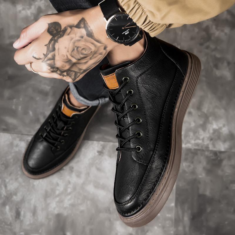 FashionSpring Autumn Mens Genuine Leather Ankle Boots Black Sneakers High Top Skate Shoes Men Casual Footwear Handmade Luxury Boots Man